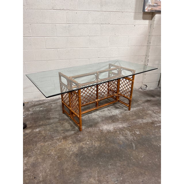 Wood Vintage Bamboo Base Glass Top Dining Table 72” For Sale - Image 7 of 7