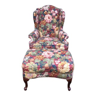 Drexel Heritage Wing Chair & Ottoman For Sale