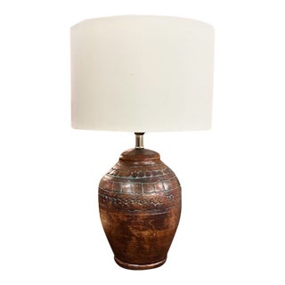 Late Mid Century Embossed Wood Look Ceramic Lamp For Sale