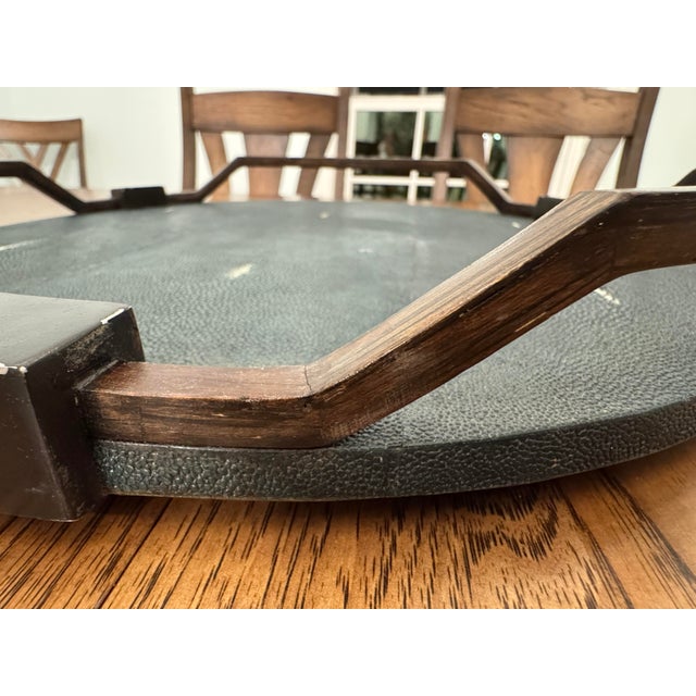 This Is a Luxury Round Decorative Tray by R&y Augousti Featuring a Textured Shagreen Surface Framed by a Sculptural Dark Metal and Wood Trim. 16” For Sale In Saint Louis - Image 6 of 8