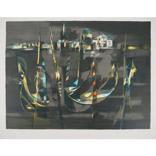 Marcel MOULY (1918-2008) Gondolas in front of St Georges at night Original lithograph Signed in pencil On Arches vellum 54...
