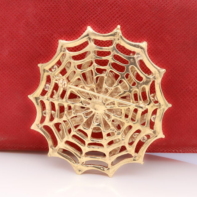 Gold Large 14k Gold, Diamond, and Yellow Sapphire Spider & Web Brooch For Sale - Image 8 of 13