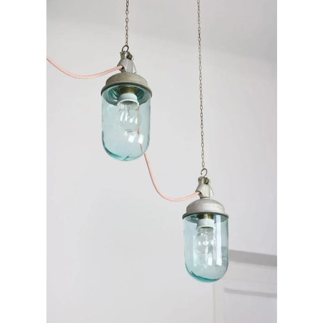 Industrial Vintage Industrial Blue Glass and Grey Metal Pendant Lamps, 1950s, Set of 2 For Sale - Image 3 of 16