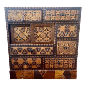Small Japanese Parquetry Inlaid Wood Cabinet Yosegi Zaiku Marquetry