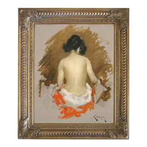 "Nude" Contemporary Reproduction Print on Canvas After William Merritt Chase, Gold Frame, 16 x 20