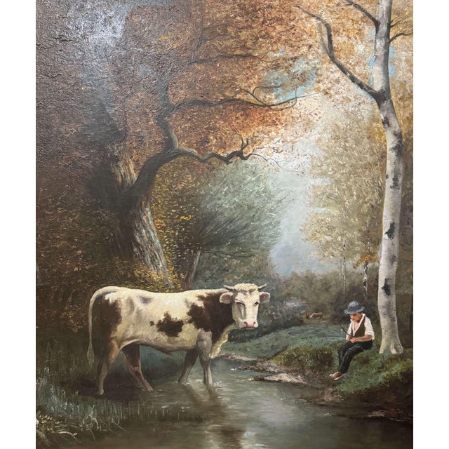 French 19th Century French Pastoral Oil Painting of Cow and Boy in Giltwood Frame For Sale - Image 3 of 11