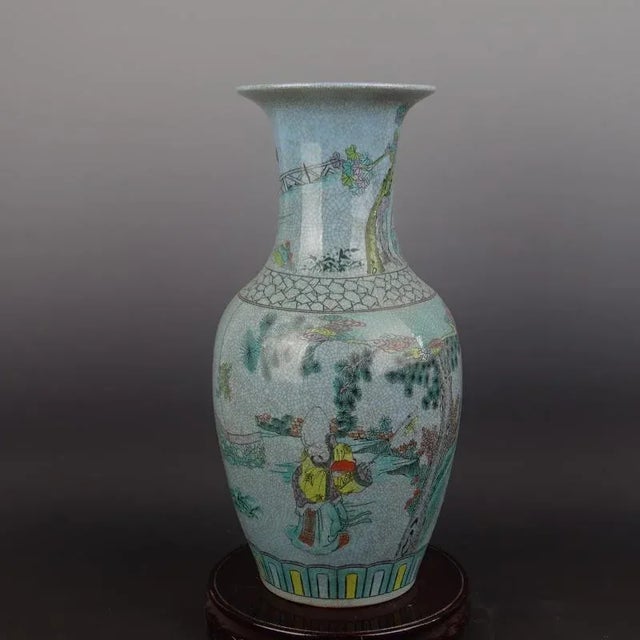 Chinese Vintage Porcelain Vase Qing Dynasty Qianlong Marked Crackle Glaze Famille Verte Porcelain Vase Hand Painted Figures Pattern For Sale In Seattle - Image 6 of 8