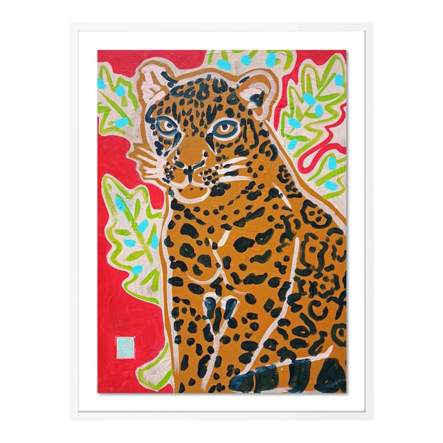 Red Jaguar by Jelly Chen in White Framed Paper, Small Art Print For Sale