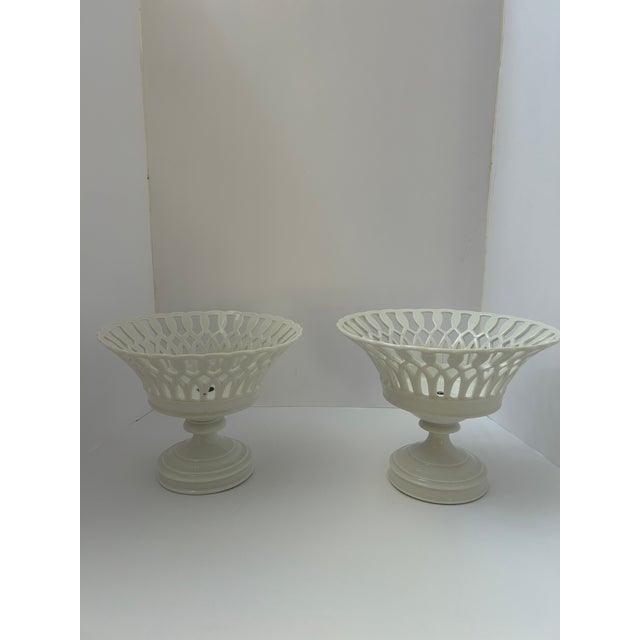 French Two Similar White Openwork Porcelain Pedestal Compotes For Sale - Image 3 of 14
