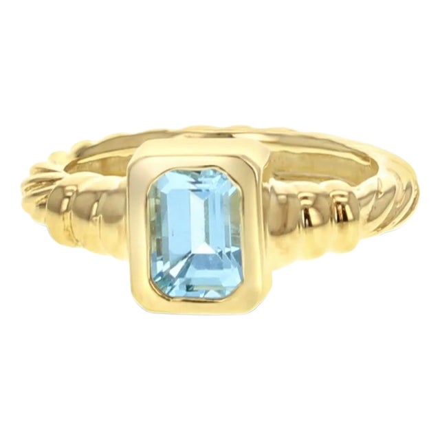 Solitaire Emerald Cut Blue Topaz Ring with Rope Band, Size 6 For Sale