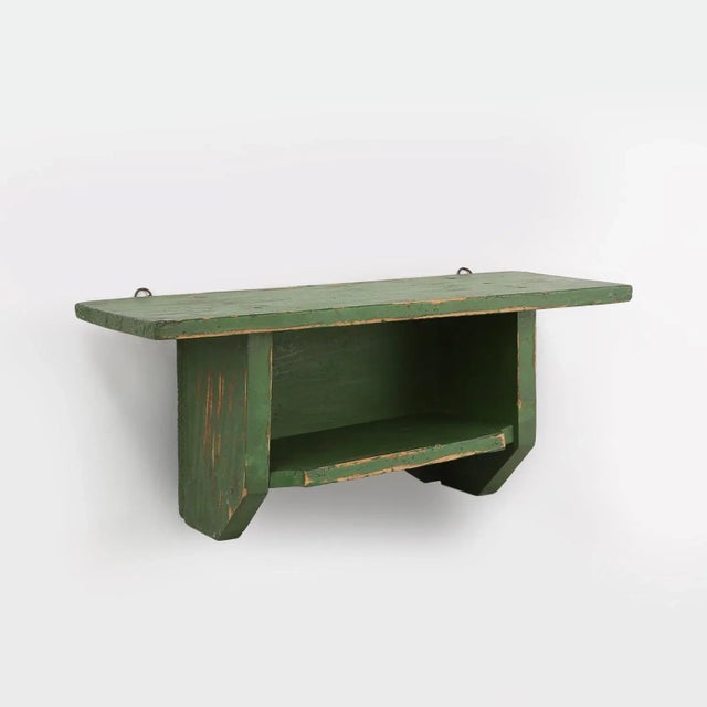 Small Rustic Green Wooden Wall Unit with 2 Shelves, France, 1880s For Sale - Image 11 of 11