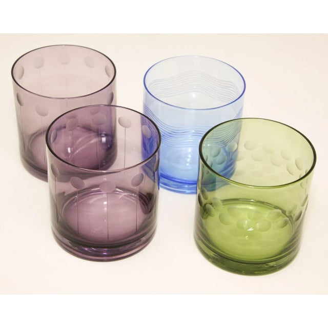 Set of Four Vintage Drinking Colored Crystal Glasses With Etched Design For Sale - Image 13 of 13