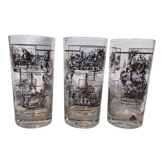 Mid-Century Highball Tumbler Glasses Depicting Parks and Buildings in 1819 New York City- Set of 3 For Sale