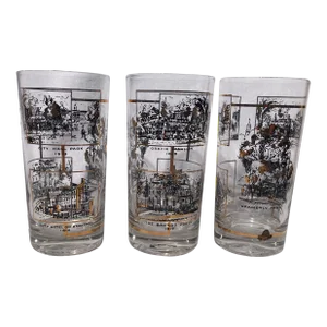Mid-Century Highball Tumbler Glasses Depicting Parks and Buildings in 1819 New York City- Set of 3