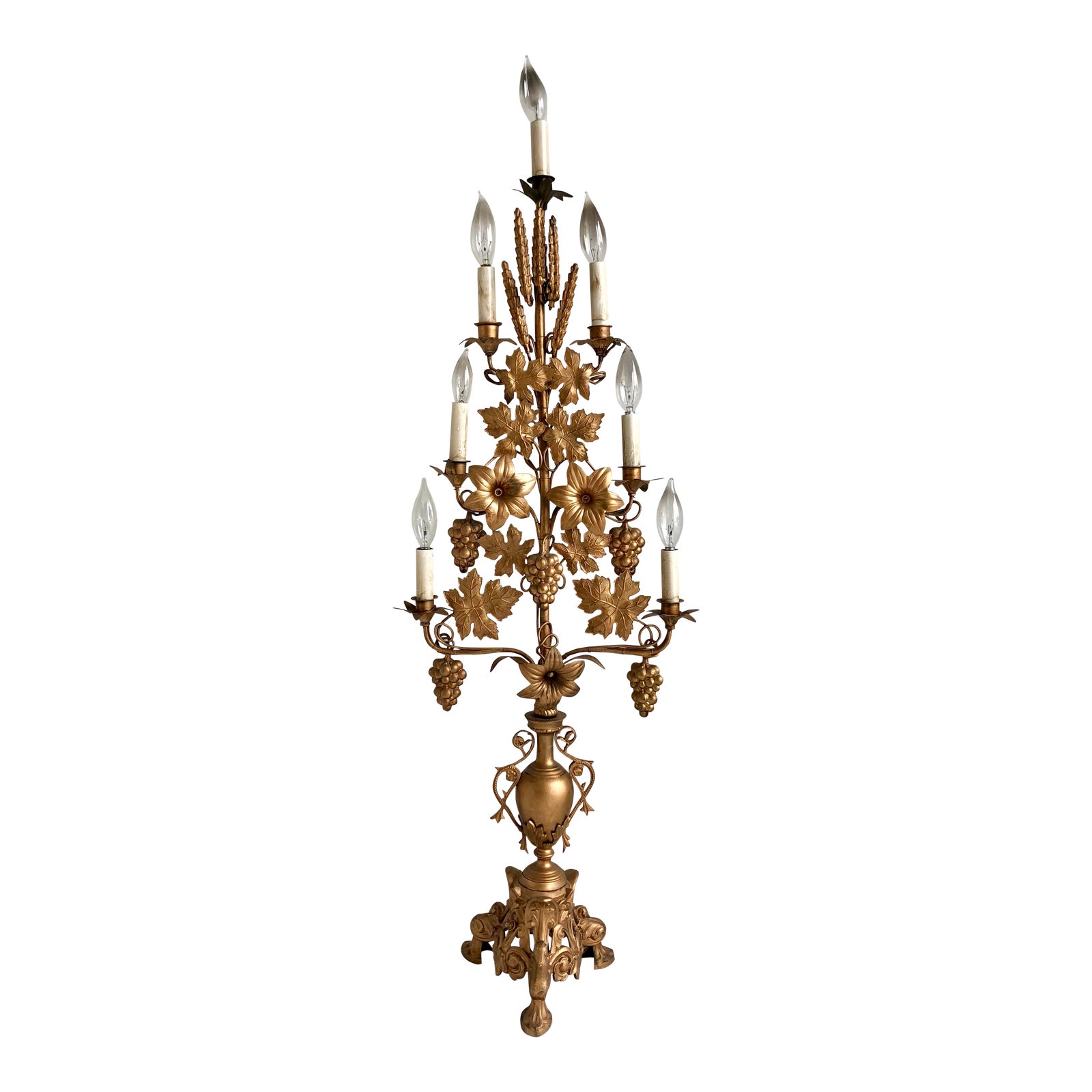 Italian Brass Wheat & Grape Harvest 7Light Candelabra Table Lamp