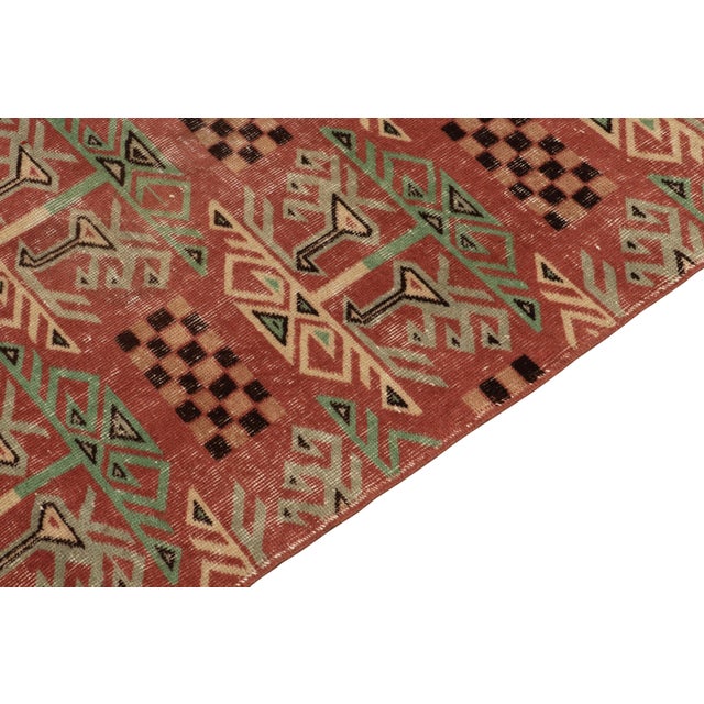 1960s 1960s Vintage Distressed Rug in Red, Green, Art Deco Pattern by Rug & Kilim For Sale - Image 5 of 6