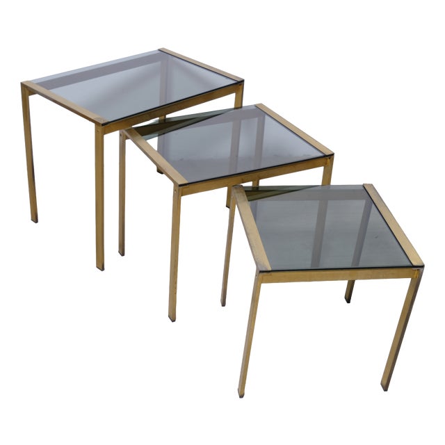 Nesting Coffee Tables in Glass and Brass, Italy, 1970s, Set of 3 For Sale
