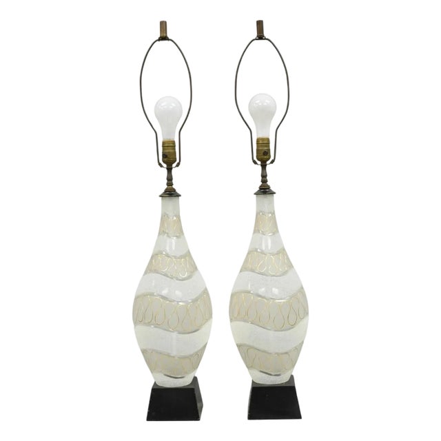 Vintage Mid Century Modern Sculpted Frosted Glass Gold Wavy Table Lamps - A Pair For Sale
