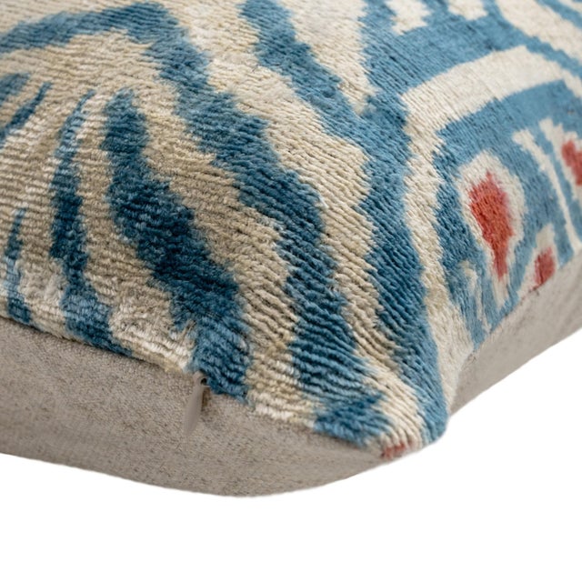 Blue Ikat Silk Velvet Throw Pillow 20x20 | Handmade Designer Accent Pillow For Sale - Image 4 of 4