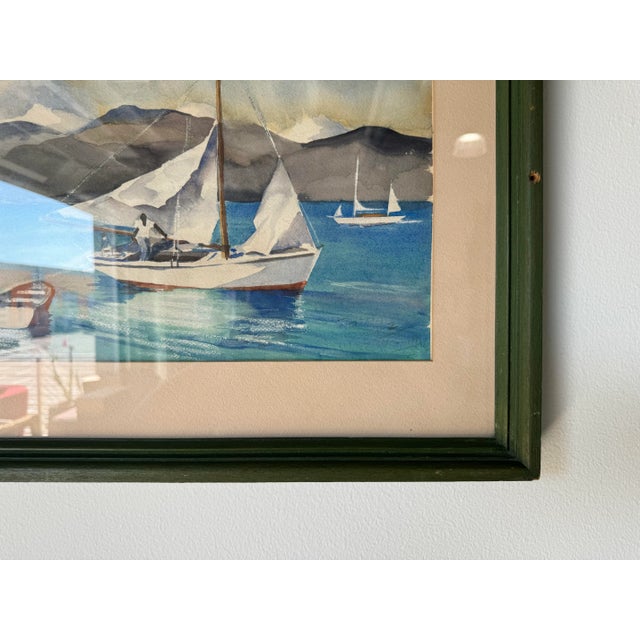 Blue 1970's Vintage Watercolor Fishing Boat Nautical Landscape Painting, Framed For Sale - Image 8 of 11