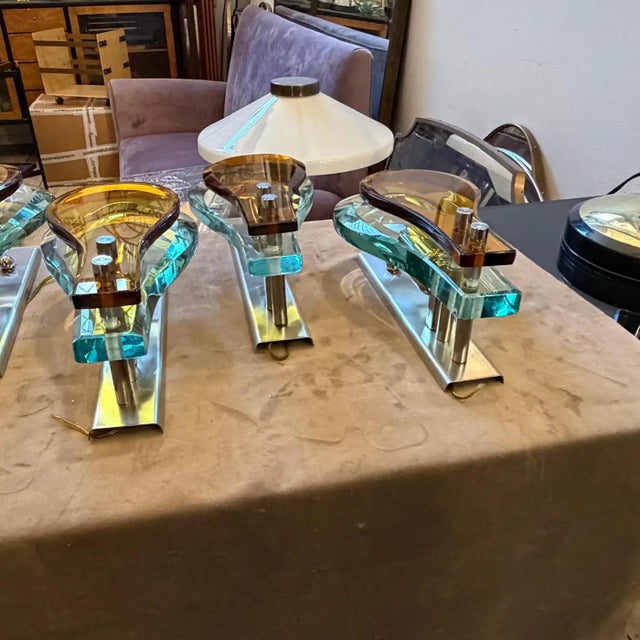 Amber Set of Two 1970s Space Age Amber and Green Heavy Glass Wall Sconces by Veca For Sale - Image 8 of 18