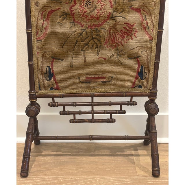 Wood Antique 19th Century Napoleon III Faux Bamboo Fireplace Screen With Floral Needlework Panel For Sale - Image 7 of 18