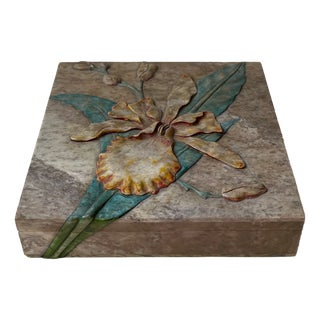 Vintage Marble Trinket Box with Hand-Cut Flowers in Relief, 1980s For Sale