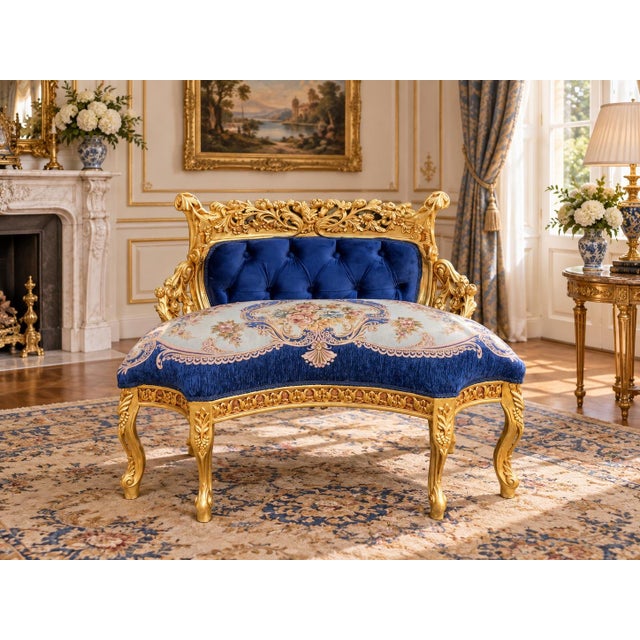 This elegant 1980s French Louis XVI–style settee combines a finely carved solid beechwood frame with rich blue velvet and...