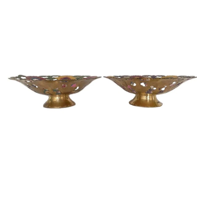 India Floral Enameled Brass Decorative Bowls - a Pair For Sale - Image 4 of 5
