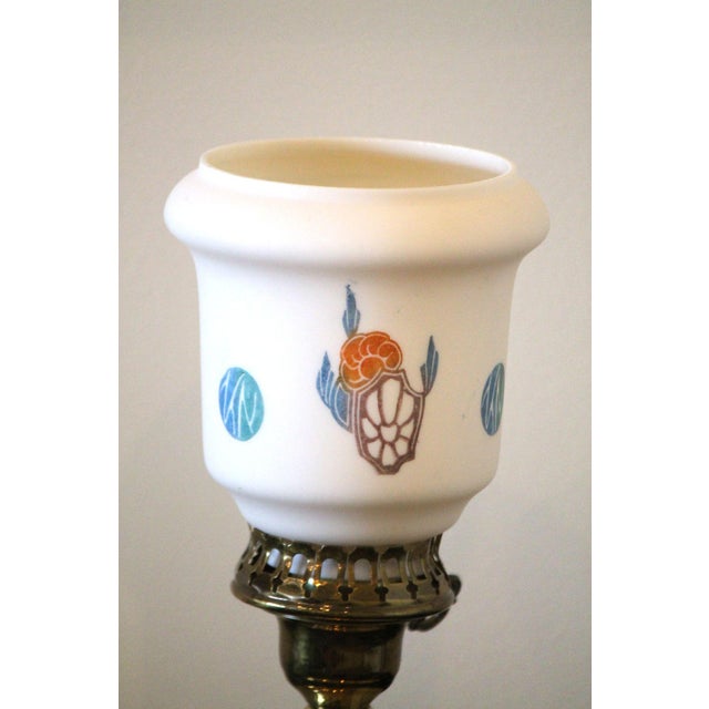 The art deco glass shade of this lamp is what originally drew me to it! Very nice condition, with excellent custard glass...
