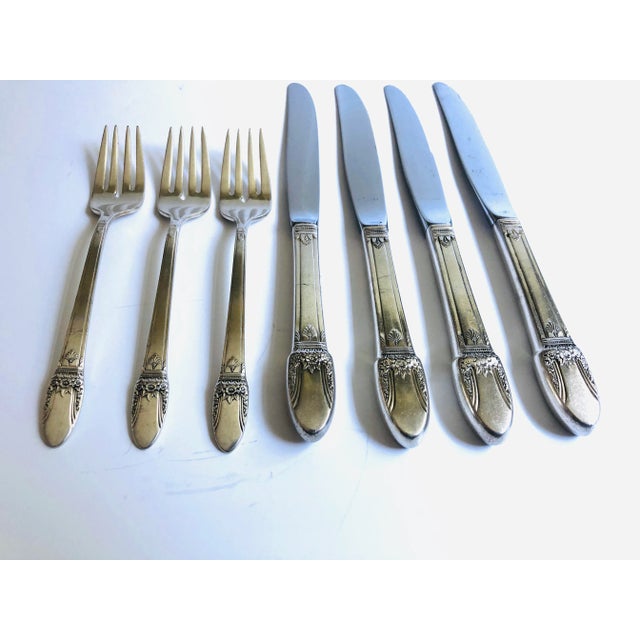 Vintage Silverplate floral design 3 salad/ dessert forks and 4 knives, 1847 Rogers Silverplate First Love Pattern. Forks...