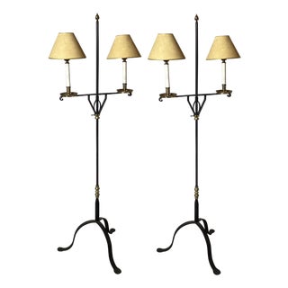 A Pair of Wroght Iron and Brass Adjustable Floor Lamps For Sale