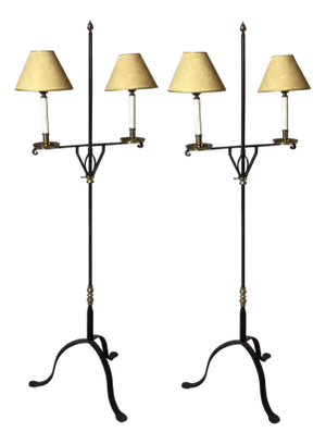 A Pair of Wroght Iron and Brass Adjustable Floor Lamps