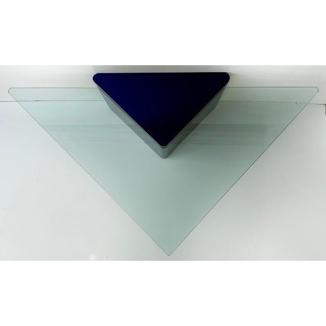 Lacquered Modern Triangle Coffee Tables with Glass Pair in Deep Midnight Blue Offered for sale is a pair of deep midnight...
