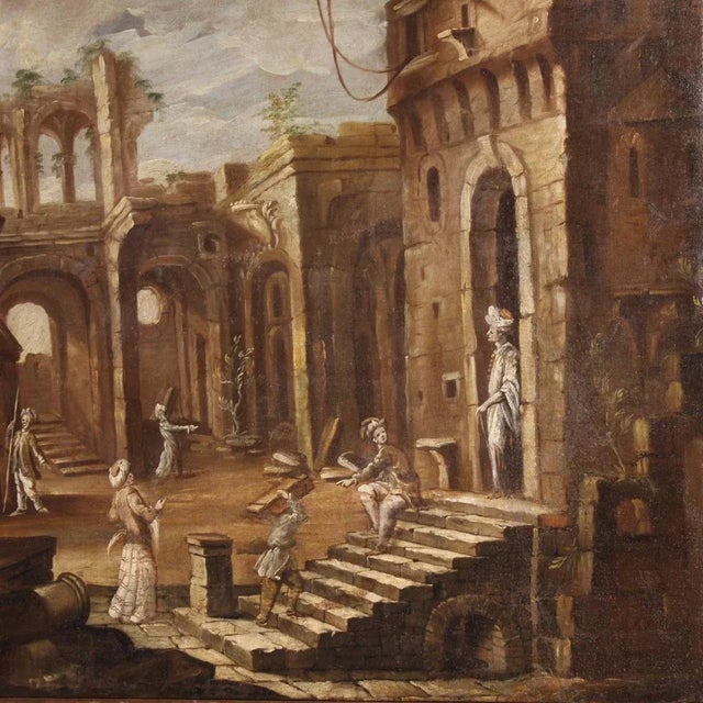 Italian Artist, Architectural Capriccio with Figures, 1740, Oil on Canvas, Framed For Sale - Image 4 of 16