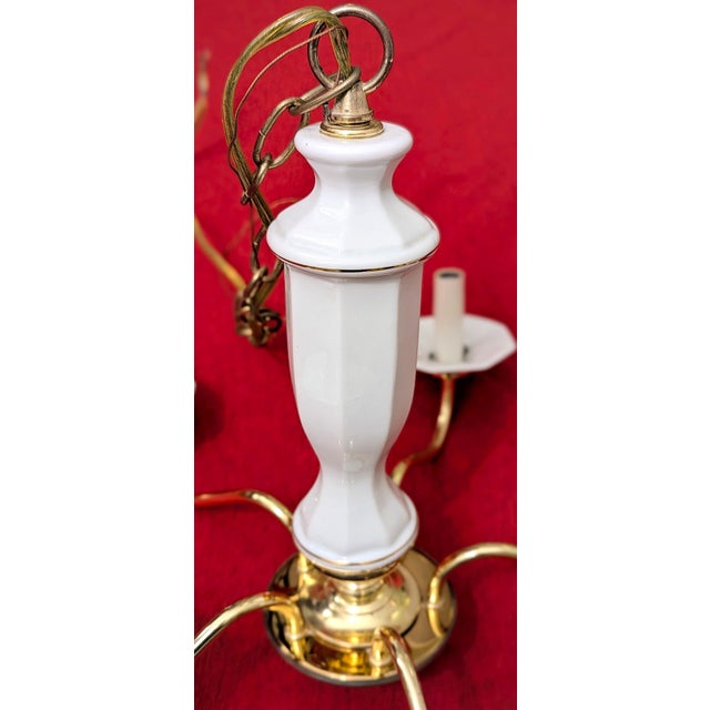 White Vintage Brass & White Porcelain 5-Light Chandelier Gilded Georgian For Sale - Image 8 of 12