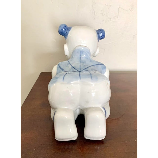 Vintage Chinoiserie Blue and White Ceramic Baby Pillow Figure For Sale - Image 4 of 7