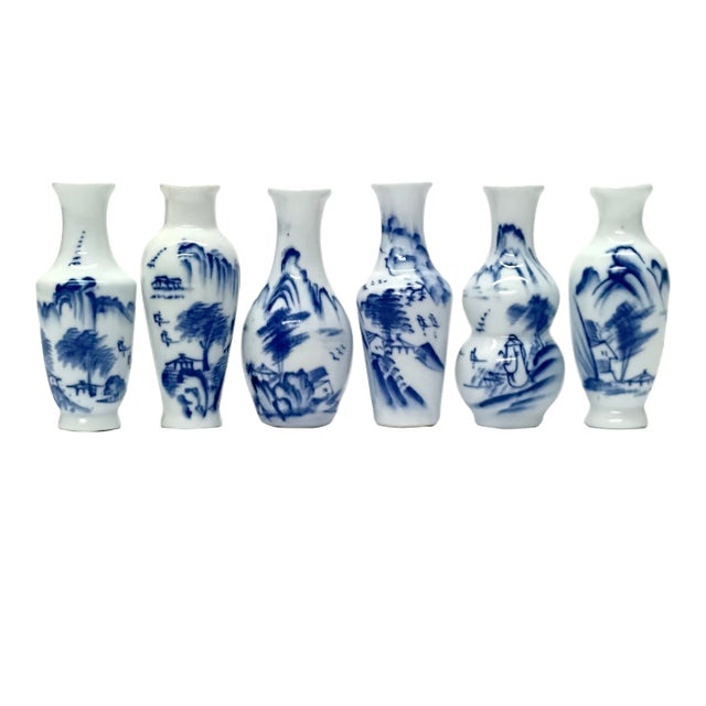 Blue & White Illustrative Hand Painted Petite Bud Vases - Set of 6 For Sale
