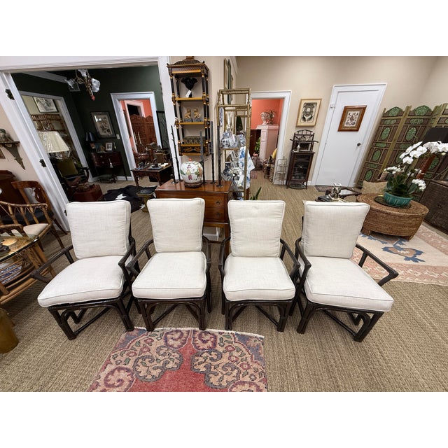 Mid 20th Century Set of 4 Vintage Ebony Lacquered Rattan Chairs With New Performance Fabric Upholstery For Sale - Image 5 of 12