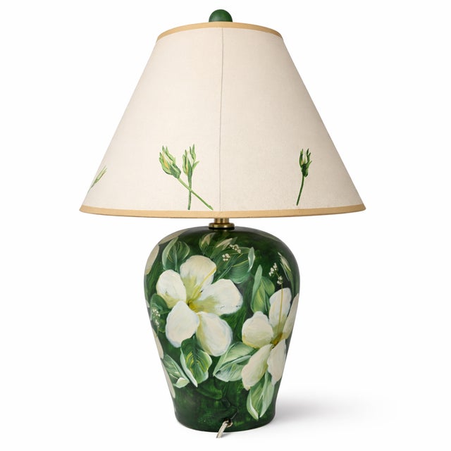 Metal Vintage Hand-Painted Magnolia Floral Table Lamp With Painted Shade For Sale - Image 7 of 13