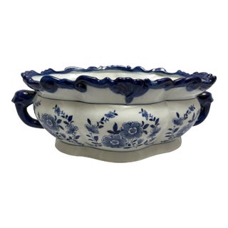 Large Blue and White Floral Plant Vessel For Sale