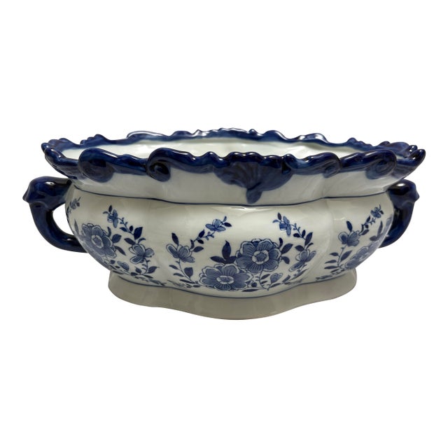 Large Blue and White Floral Plant Vessel For Sale
