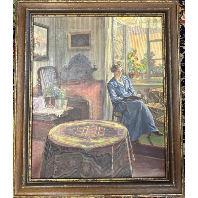 Modern Interior with Woman at Window, 1920s, Oil Painting on Canvas, Framed For Sale - Image 3 of 10