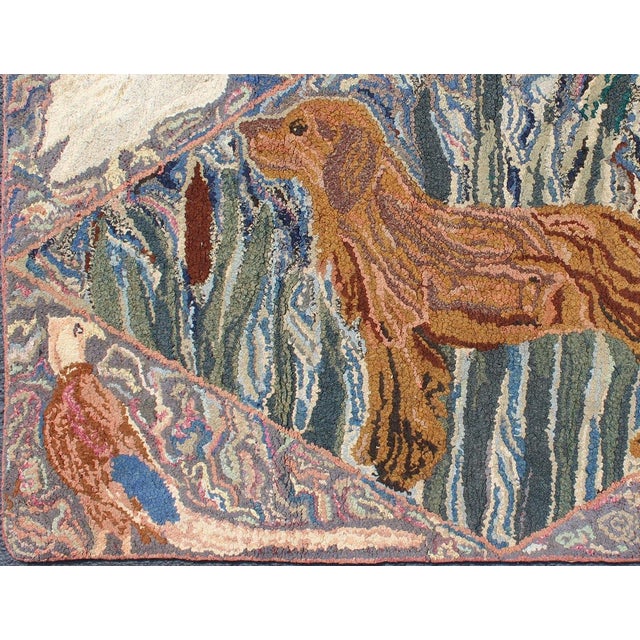 American Hooked rug featuring a golden retriever with four different type of birds in the corners, Keivan Woven Arts / rug...