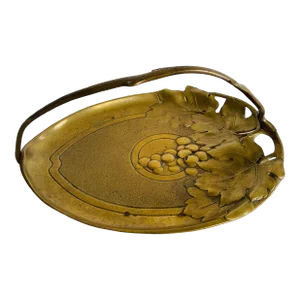 Antique Art Nouveau Style Grape Leaf Vine Solid Brass Handled Serving Tray Dish