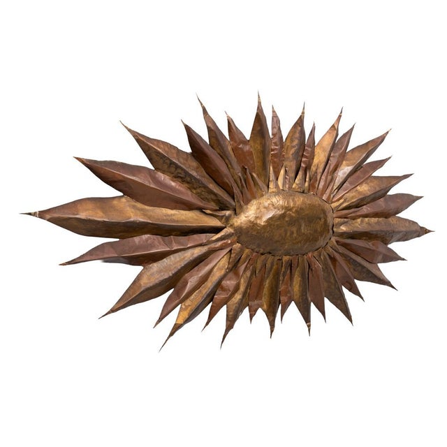 Metal Large Handmade Brass Sunflower Wall Hanger, 1960s For Sale - Image 7 of 12