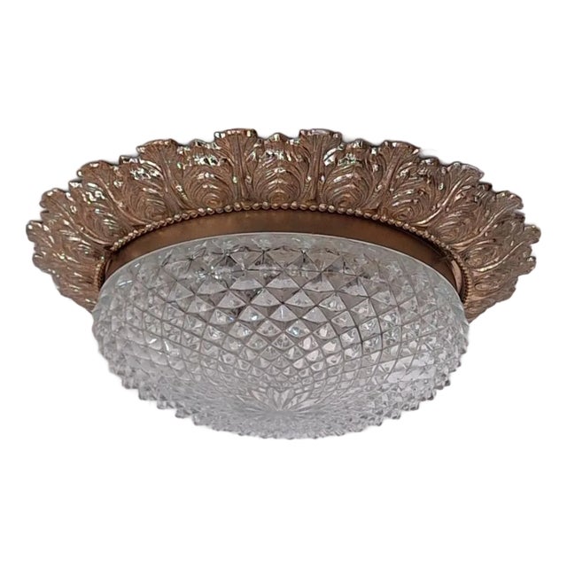 Vintage Flat Ceiling Lamp with Knobbed Glass Shade in Metal Holder with Decorated Frieze, 1970s For Sale