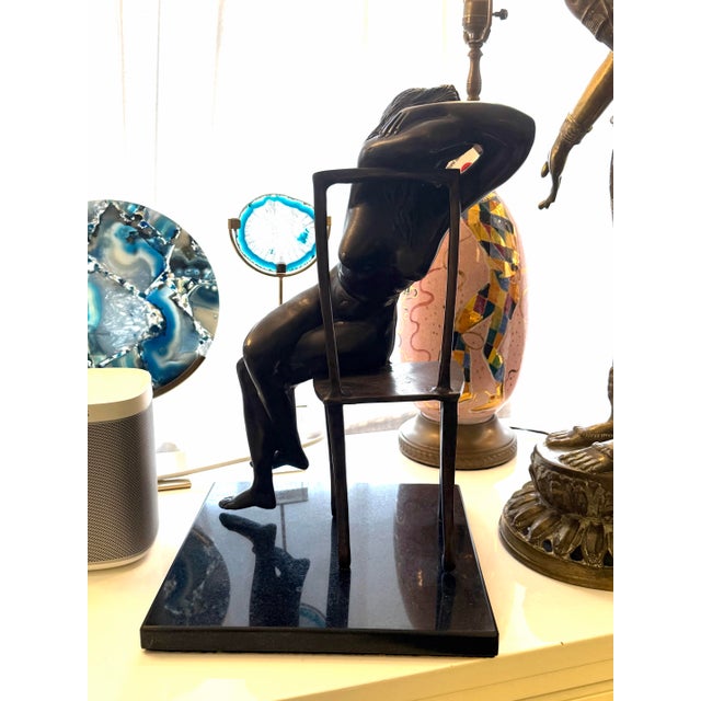 Artist Executed Bronze Female Sculpture Resting on Chair Stone Base For Sale - Image 4 of 6