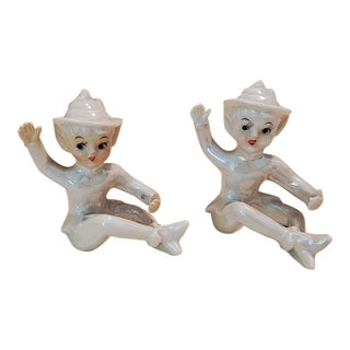 Vintage Pixie Elves Figurine Candle Huggers Holders. Mid-Century Iridescent Lusterware. Made in Japan For Sale