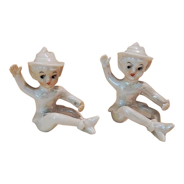 Vintage Pixie Elves Figurine Candle Huggers Holders. Mid-Century Iridescent Lusterware. Made in Japan For Sale